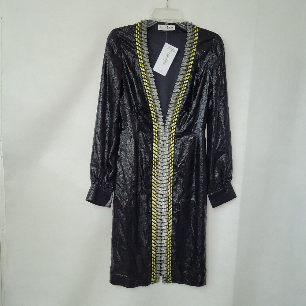 Kora Rae Robe Dress Womens S Embroidered Beaded Zip Front Long Sleeve Black Lame